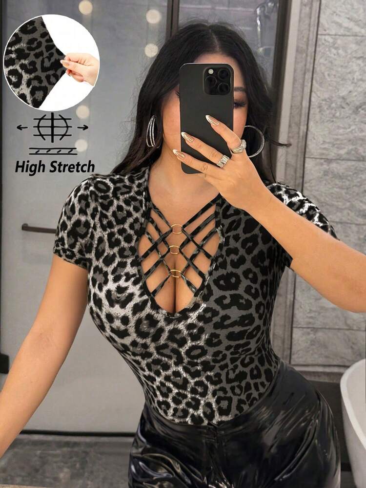 Rafferiza Women's Grey Leopard Print T-Shirt Summer Techno Club Night Rave Hollow Cross Straps Metal Ring Irregular Collar Short Sleeve Old Money Tops - Multicolor - View 1
