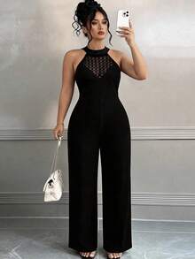 Elenzga Mono informal de pierna recta con cuello halter y ribete de encaje para mujer de talla grande - Negro - Ver 4