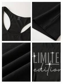 SHEIN CURVE+ 休闲简约水钻“限量版”字母印花吊带背心，适合大码女性，夏季穿着，水钻返校季，春/度假黑色吊带背心，复古风黑色背心，女士背心，女士印花夏季服装，露背背心，女士水钻背心，限量版上衣 - 黑色 - 查看 3