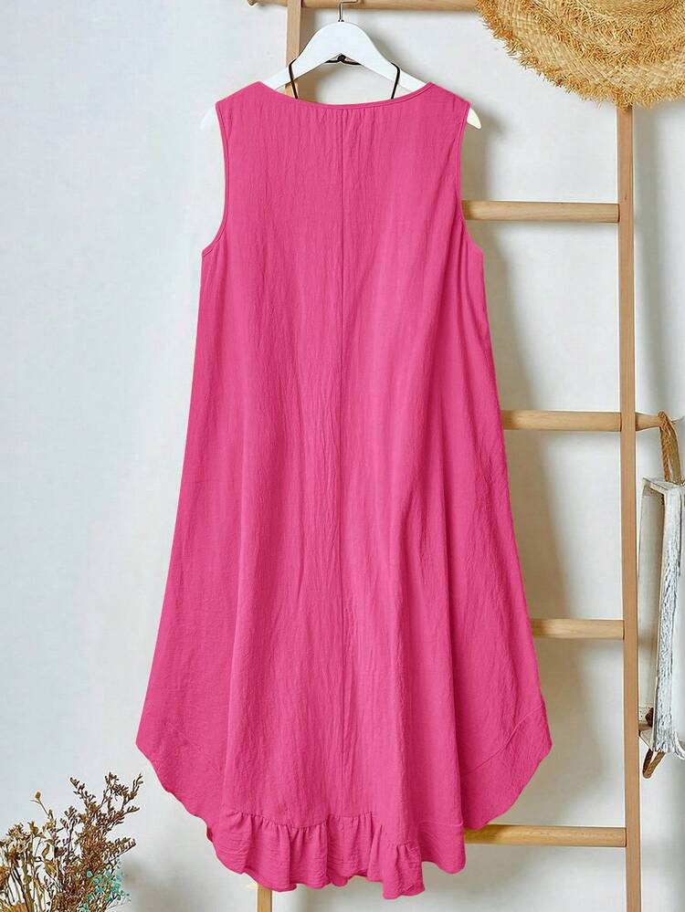 Country Style Vintage Sleeveless Pocket Pleated Hem A-Line Midi Dress, Yellow, Plus Size, Spring/Summer