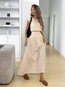 Easowa 圆领宽肩露背蝴蝶结短款衬衫搭配褶裥A字裙两件套，休闲宽松优雅的女士办公/度假套装，春夏女士优雅套装，女士长裙，优雅高贵的女士服装，女士连衣裙，正式服装，流行夏季套装，女士连衣裙，休闲套装，端庄连衣裙，长款女士夏季套装，可爱端庄连衣裙，长款可爱连衣裙，女士休闲连衣裙 - 杏色 - 查看 4