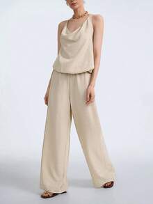Aalyst Women's Fashionable Sleeveless Deep Draped Neck Loose Casual Jumpsuit, Romantic & Elegant For Daily Wear, Commute, Date, Party, Dining, Spring/Summer - Apricot - View 2