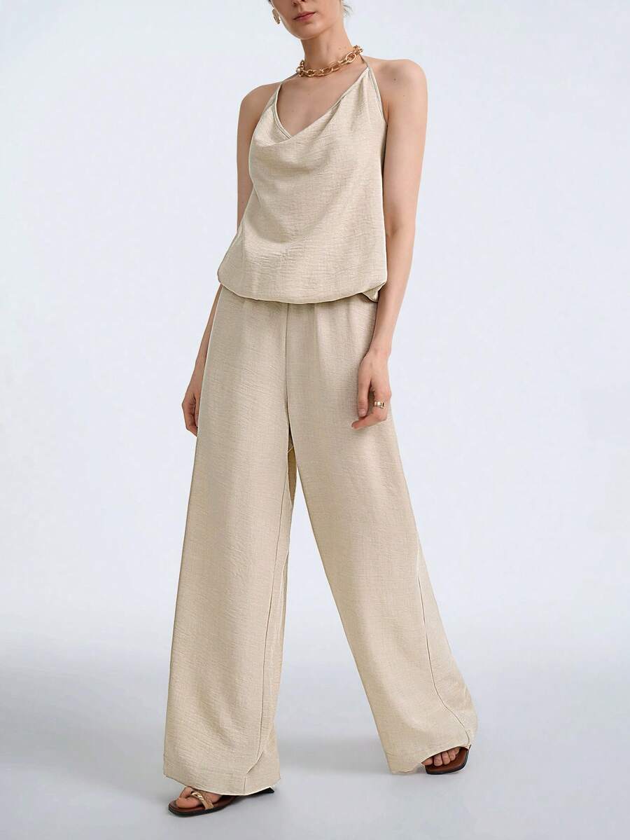 Aalyst Women's Fashionable Sleeveless Deep Draped Neck Loose Casual Jumpsuit, Romantic & Elegant For Daily Wear, Commute, Date, Party, Dining, Spring/Summer
