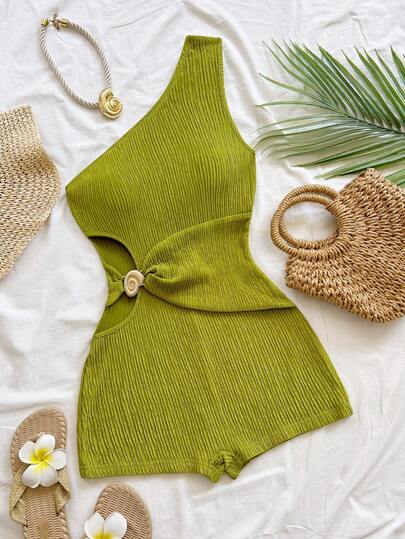 Soleia Mono mini ajustado de mujer con textura de tela, aplicación de metal en el lado izquierdo de la cintura y diseño calado, adecuado para vacaciones, citas, té de la tarde, vacaciones, festivales de música, estilo bohemio, vacaciones, ganchillo, lino