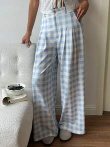 CovetEZ Quần ống rộng xếp ly kẻ caro có túi dành cho nữ, kiểu dáng thoải mái. - Màu xanh lam - Xem 7