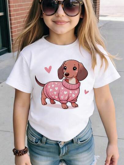 SHEIN Camiseta básica blanca de manga corta con estampado gráfico de cachorro y corazón, de estilo minimalista, fresco y lindo, para uso diario cómodo. Diseño casual y de moda para niñas en primavera y verano