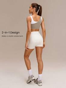GLOWMODE Ultrafine Soft Seamless Chase Your Glow Mock 2-Piece Style Removable Cups Sports Bra Medium Impact Training Running Gym Workout Daily Active Wear - Khaki - View 2