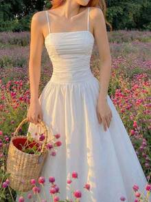 SHEIN MOD Women's White Pleated Spaghetti Strap Dress - White - View 1