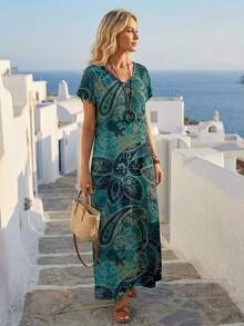 EMERY ROSE 佩斯利印花侧开衩连衣裙，休闲度假装 - 彩色 - 查看 4