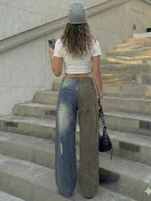 SHEIN EZwear 2026 Spring Summer New Women's Casual Loose Fit Straight Leg Jeans With Leopard Print Denim Patchwork, Pockets And Distressed Details, Street Style, Suitable For Music Festival, Daily Commute, Summertime, Holiday, Bruch, Wedding Guest, Beach Wearing, Office Attire, Party Dress, City Walk, Summer Dress, Casual-A, All Match - Black - View 2