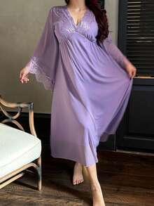 Dazy Plus Áo ngủ maxi dài tay bằng chiffon gợi cảm phối ren tương phản dành cho nữ cỡ lớn, thích hợp cho mùa xuân/hè. - Màu tím - Xem 5