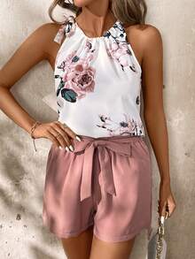 SHEIN Clasi 大码印花露背上衣和短裤两件套，休闲度假装 - 彩色 - 查看 6