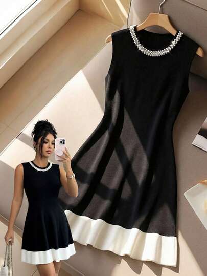 GlowEve Spring/Summer New Beaded Round Neck Sleeveless Slim Knit Dress, Fashionable Color-Blocking French Style Women Sweater Dress