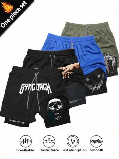 Manfinity Sport Corelite Men's Graphic & Letter Print Drawstring Waist Casual Sports Shorts