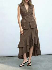 Maija Áo blazer nữ cổ chữ V, đính ren, có thắt lưng, kiểu dáng mỏng, không tay, thời trang. - màu nâu - Xem 1