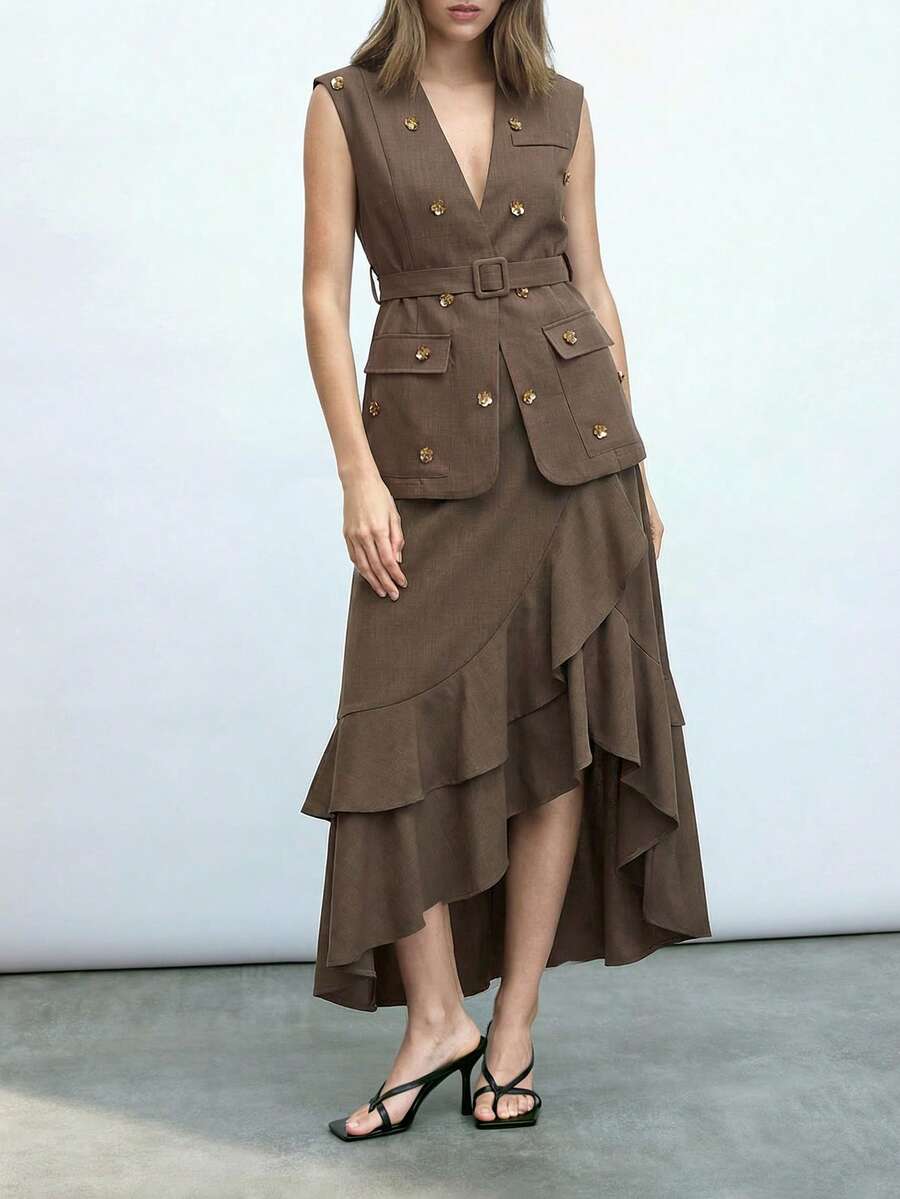 Maija Áo blazer nữ cổ chữ V, đính ren, có thắt lưng, kiểu dáng mỏng, không tay, thời trang. - màu nâu - Xem 1