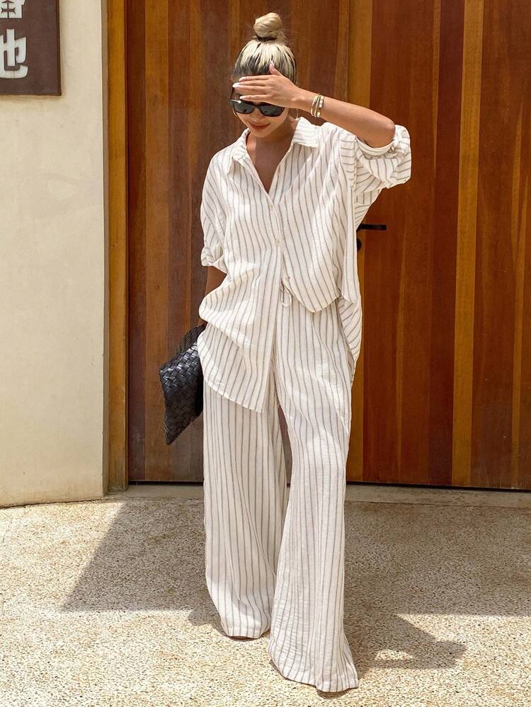 Autumn/Winter New Loose Casual Striped Women 2 Pieces Set Summer