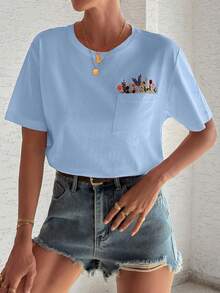 EURMUSE T-Shirt With Flower Embroidery, Round Collar, Pocket Details - Blue - View 6