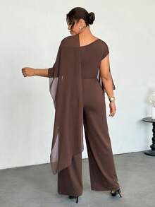 Firerie Conjunto de dos piezas de talla grande para mujer, mono de pierna ancha con cuello de barco y mangas de murciélago en unicolor, traje elegante marrón para mujeres, conjuntos casuales de negocios, conjuntos de salón para mujeres, monos de boda, monos de graduación, monos elegantes para mujeres - Marrón - Ver 3