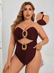 Swim Vcay Traje de baño de una pieza sexy para clubes, de talla grande, de unicolor, con recortes, espalda descubierta, decoración metálica y tirantes ajustables - Burdeos - Ver 5