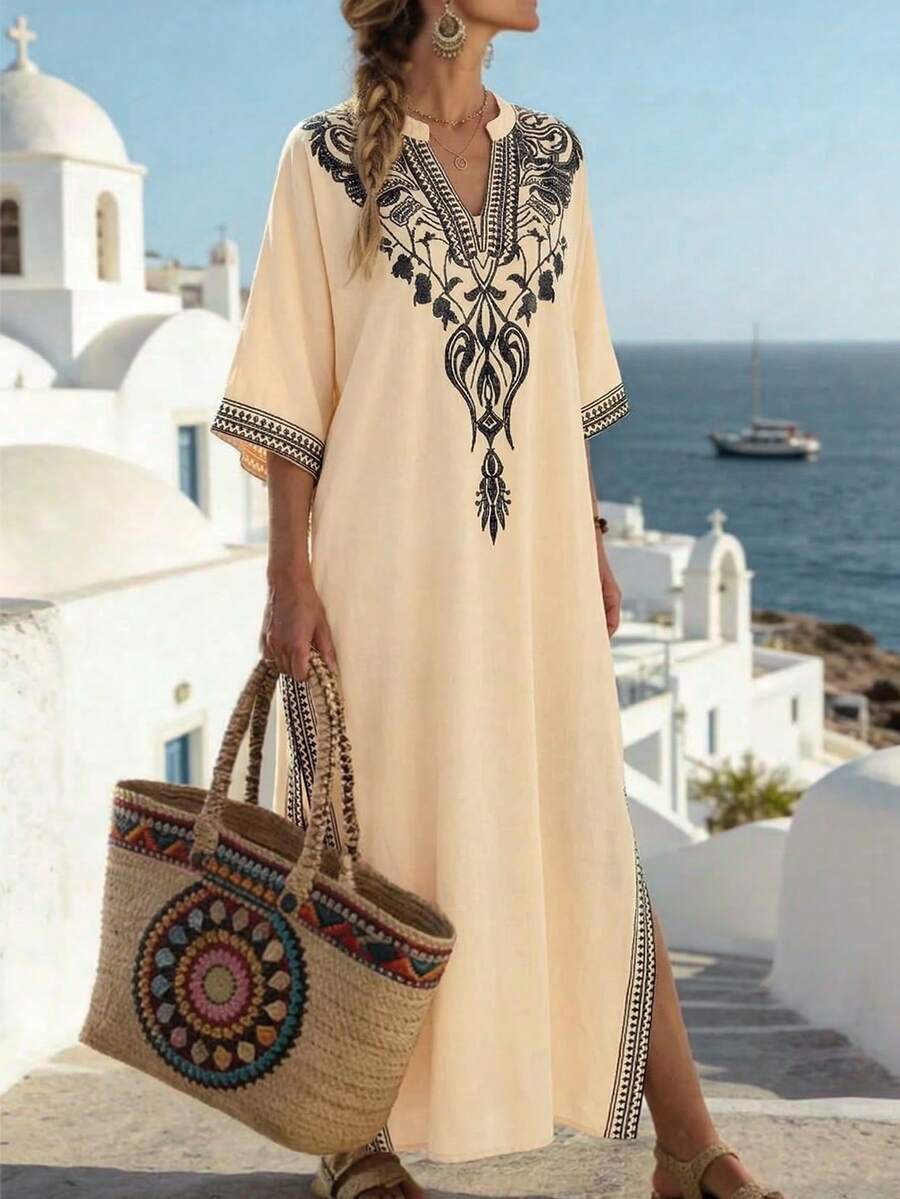 SHEIN Holidaya Women's V-Neck Printed Robe, Comfortable Casual Vacation Wear, Spring/Summer - Apricot - View 1