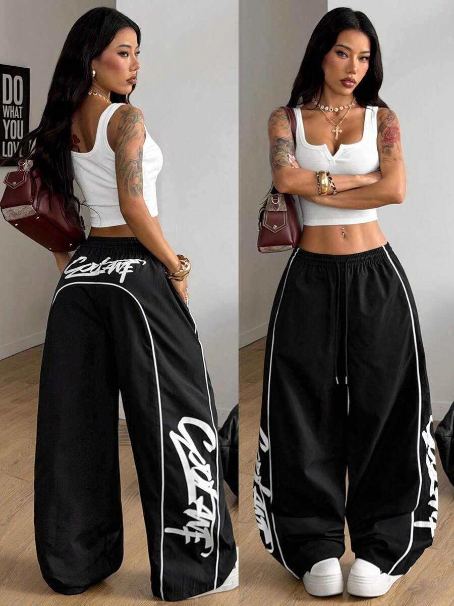 Coolane Women's Summer Streetwear Preppy Going Out  Game Day Sportswear Graphics Baggy  Hip-Hop Dance Jogger Pants - Black - View 1