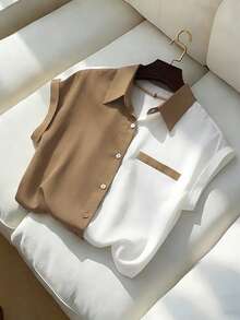 GlowEve Áo kiểu tay ngắn phối màu thanh lịch dành cho nữ, thích hợp cho mùa hè. - trắng - Xem 1