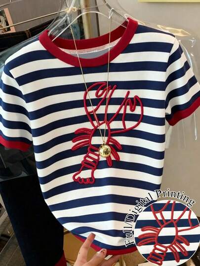 Tween Girls' Casual Retro Sweet Blue Striped Red Lobster Print Pattern Beach Vacation Short Sleeve Round Neck T-Shirt, Suitable For Summer