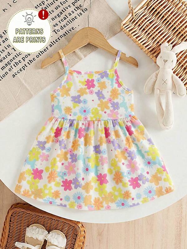 Baby Girls Colorful Ditsy Floral Spaghetti Strap Dress, Easy To Wear, Vibrant Colors, Comfortable Squishy Fabric, Suitable For Summer