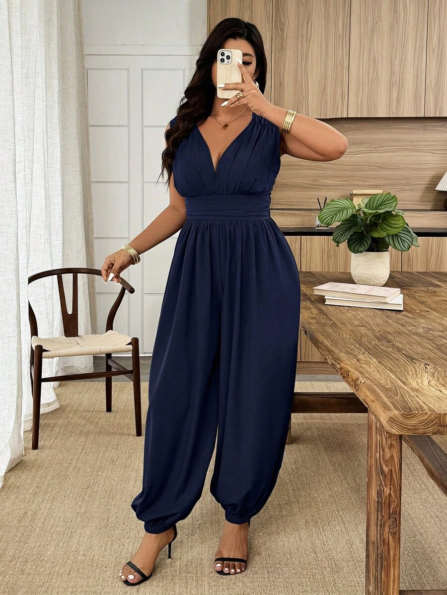 Weeklong Tuta senza maniche con vita stretta e scollo a V, casual per vacanze e uso quotidiano, primavera/estate, taglie comode - Blu Navy - Visualizzare 1