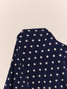 Poéselle Women's Polka Dot Pattern Short Petal Sleeve Single-Breasted Elegant Long Dress - Navy Blue - View 8