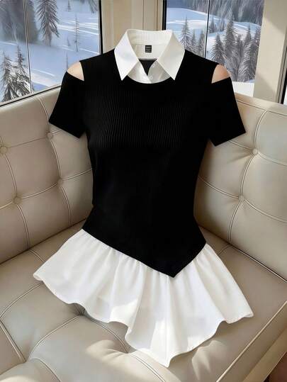 Franclia 黑白条纹不规则下摆二合一针织衫，适合女性在冬季、夏季、春季、情人节、狂欢节、海滩、派对、生日、健身、郊游、优雅、度假、休闲、毕业季等场合穿着，也可作为时尚休闲通勤装、商务办公服和百搭日常休闲装。短袖上衣，黑白拼接二合一，梭织二合一衬衫，百搭休闲衬衫，时尚日常衬衫，精致通勤二合一衬衫。