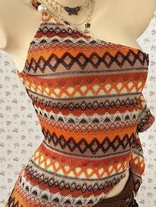 SuriyaCove Women's Vacation Beach Striped Halter Top - Khaki - View 6