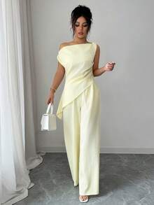 Elenzga 浅黄色波浪纹理面料，高端设计，不对称肩部，收腰，不规则下摆上衣搭配宽松直筒裤，优雅精致，适合情人节、复活节、劳动节、生日、约会、派对、正式场合、教师装、旅行、街头风等各种场合，春夏两件套。 - 淡黃色 - 查看 9