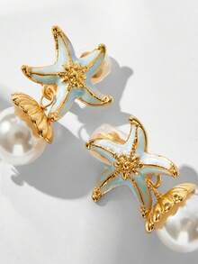 Maija A Pair Of Stylish And Elegant Starfish Pearl Pendant Women's Holiday Gift Decorative Earrings - Gold + Blue - View 3