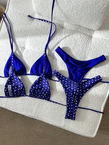 Swim Mod 新款2-4件套蓝色波点和纯蓝色纤维侧结高衩丁字比基尼泳衣，女士，沙滩度假 - 藍色 - 查看 2