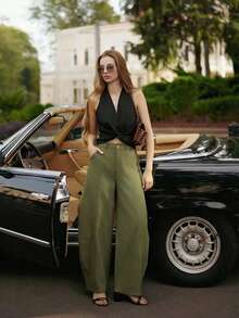 Anewsta Military Green Wide Leg Loose Casual Pants - Army Green - View 3