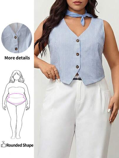Enliva 大码女式单排扣条纹 V 领无袖休闲衬衫