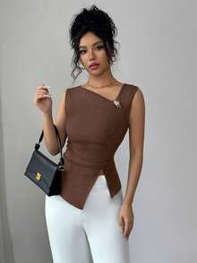 SHEIN Elenzya 女士时尚优雅纯色不对称肩部吊带背心 - 咖啡棕 - 查看 3