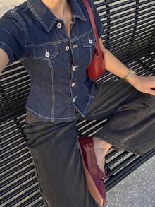 Aloruh 女士前开襟纽扣休闲百搭短袖牛仔衬衫 - 藍色 - 查看 6