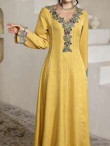 Al Najma Embroidered Lace Patchwork Elegant Modest Long Sleeve Dress - Yellow - View 6
