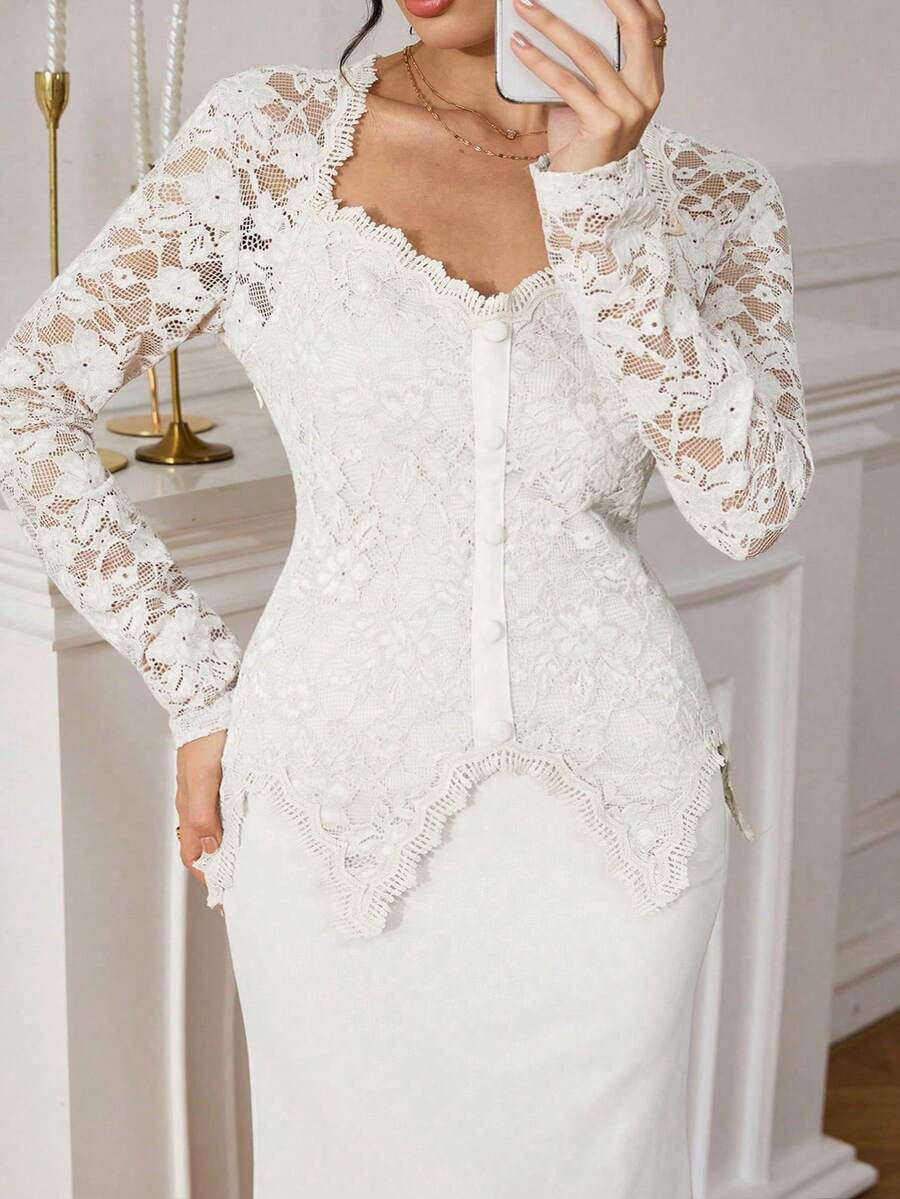 Modelyn Robe moulante à manches longues pour femmes, col en cœur, patchwork en dentelle, taille avec boutons, couleur unie, grande taille - Blanc - Voir 1