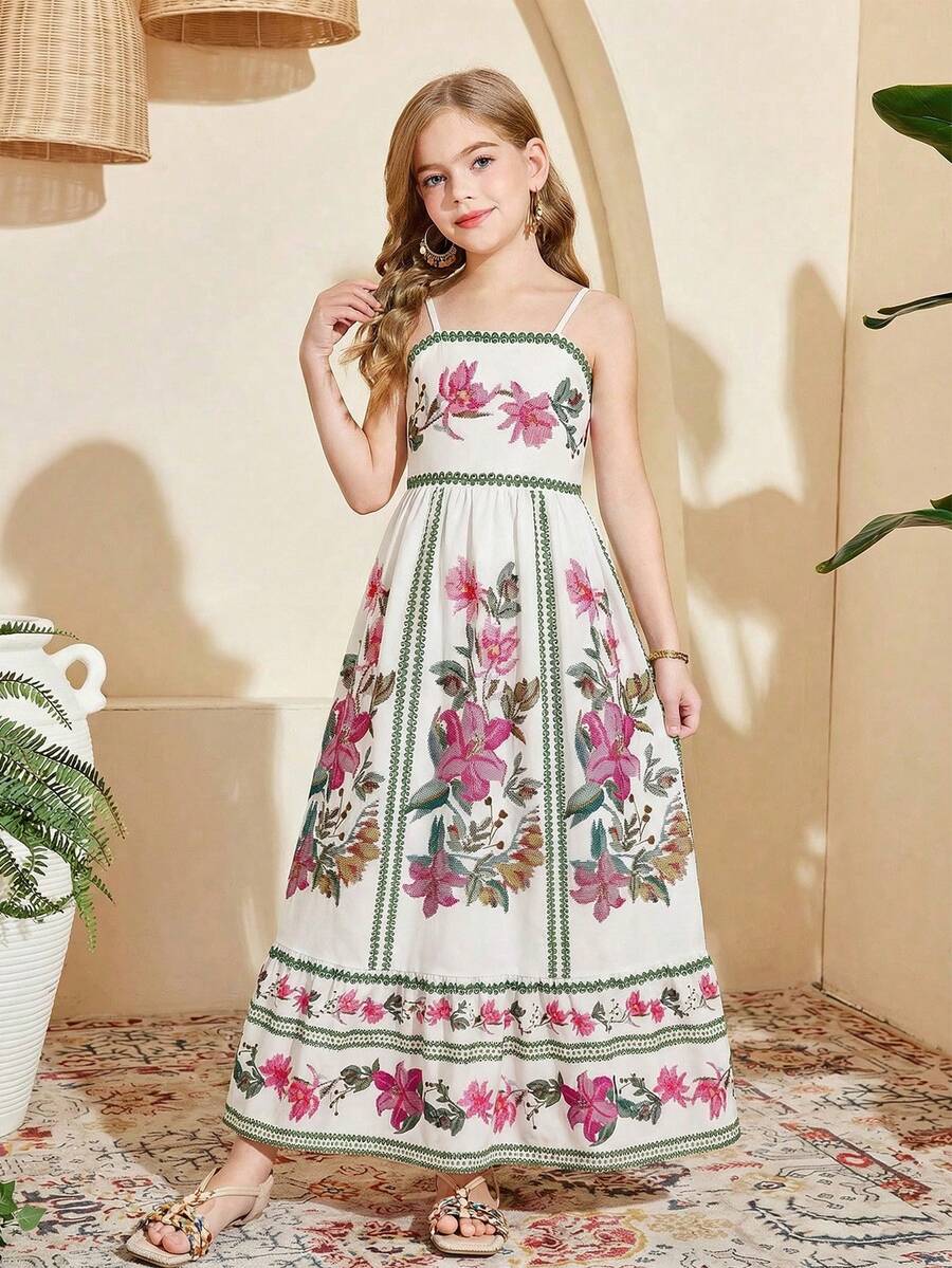 Emery Rose Kids 少女碎花休闲吊带裙 - 白色 - 查看 1