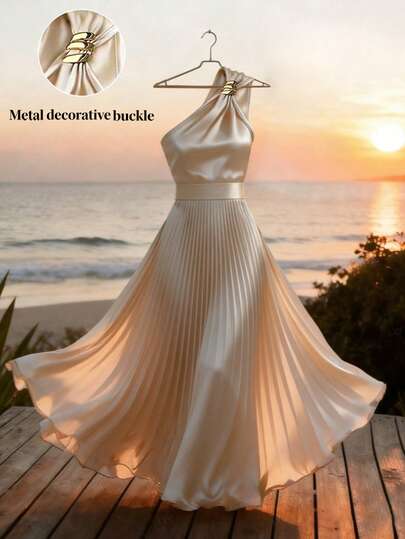 Franclia Vestido plisado con decoración metálica de unicolor para mujer, elegante para citas y fiestas