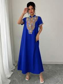 Rafferiza Contrast Color Embroidered Mandarin Collar Rhinestone Embellished Loose Long Dress For Women - Royal Blue - View 3
