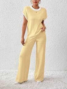 EMERY ROSE 女士撞色宽松休闲抽绳针织两件套 - 黃色 - 查看 4