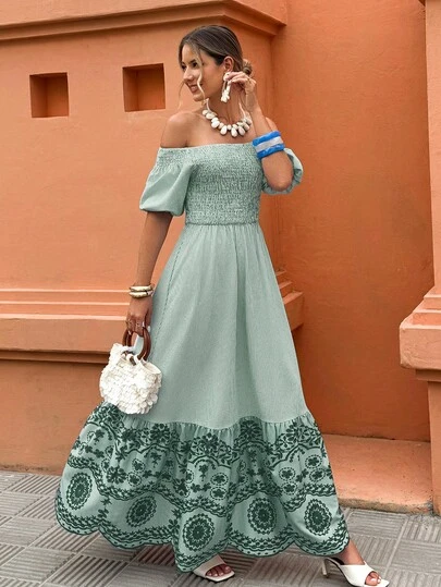 Flora Isola Flora Isola Đầm nữ trễ vai kẻ sọc dáng chữ A xẻ tà, trang phục thường ngày cho kỳ nghỉ, mùa xuân/hè.