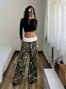 StreetHx Quần jeans nữ phong cách đường phố in hình cành cây, cạp quần phối màu tương phản - Nhiều màu - Xem 4