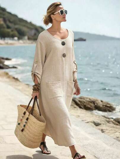 EMERY ROSE 大码无袖圆领纽扣简约A字连衣裙，带口袋装饰，适合春夏穿着