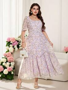 Reflora 大码女士优雅花卉印花花瓣袖收腰荷叶边下摆度假连衣裙 - 紫色 - 查看 11